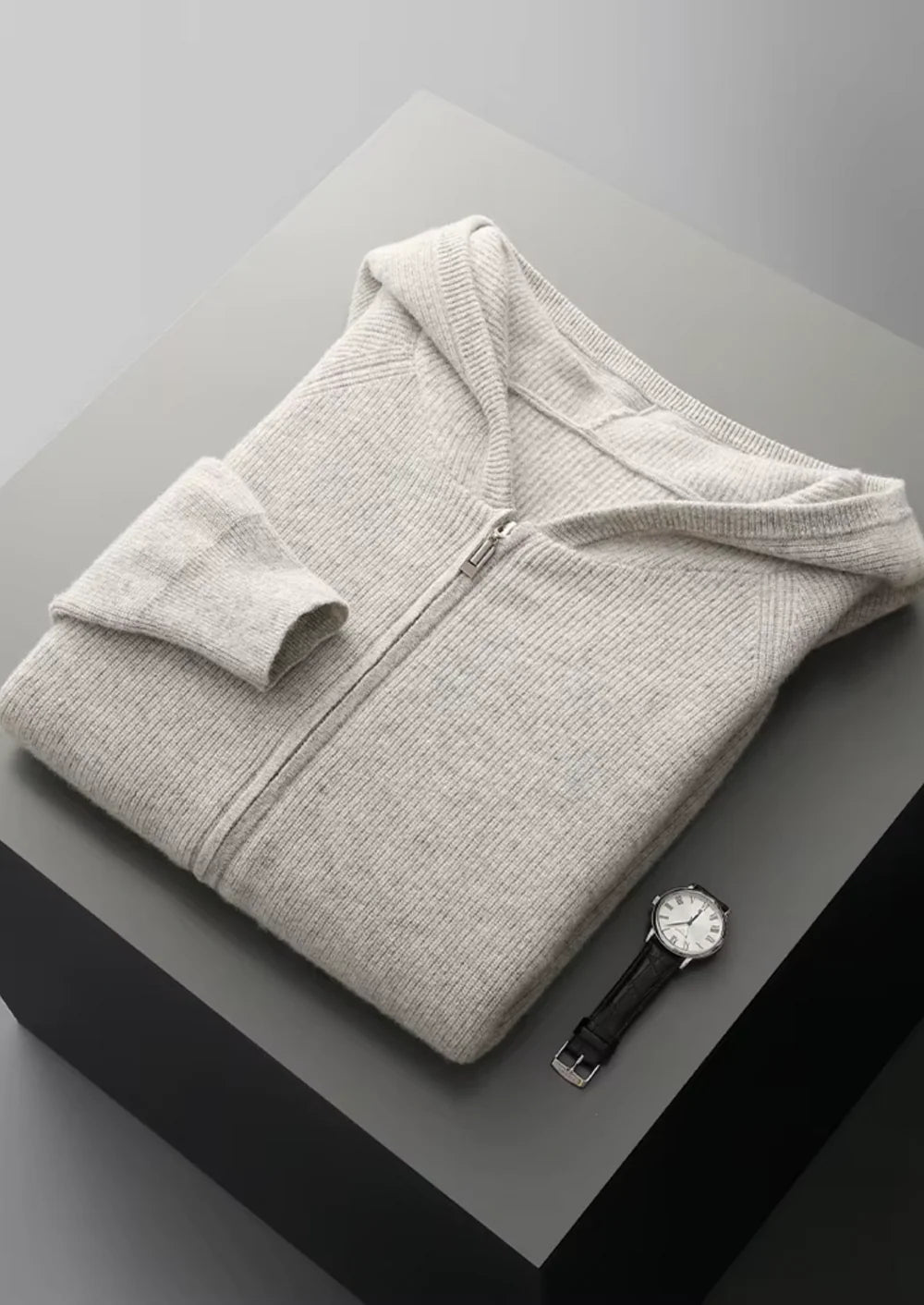 Geribbelde hoodie met rits van zuivere extra fijne merinowol