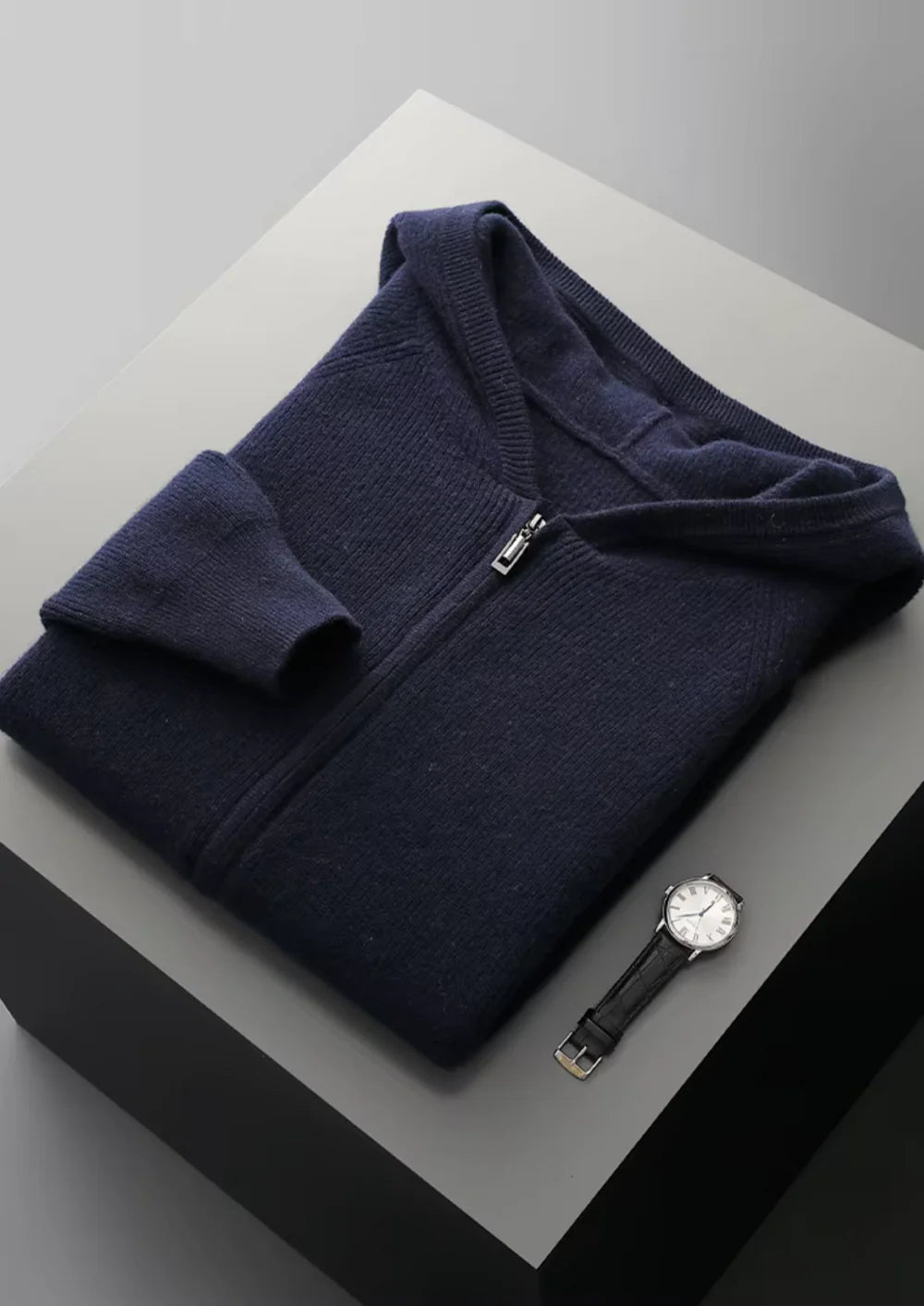 Geribbelde hoodie met rits van zuivere extra fijne merinowol