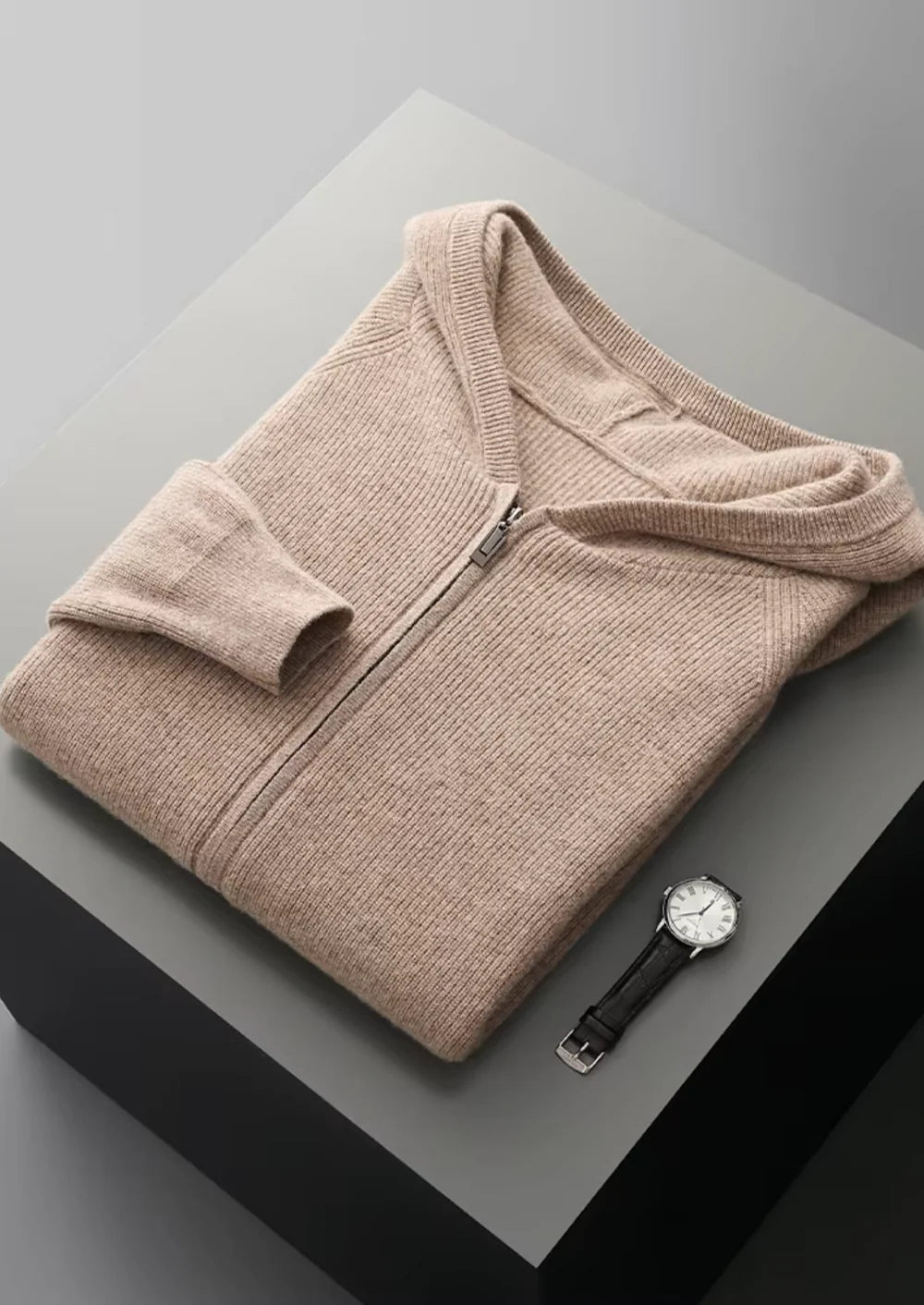 Geribbelde hoodie met rits van zuivere extra fijne merinowol