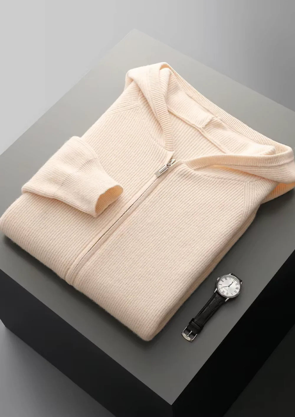 Geribbelde hoodie met rits van zuivere extra fijne merinowol