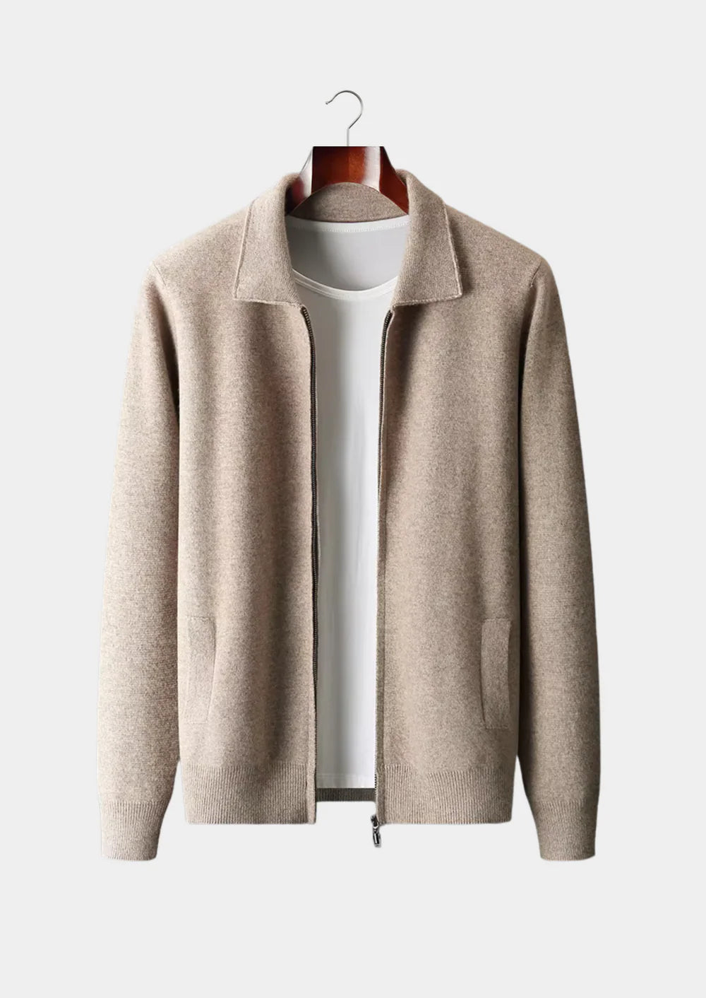 POLO CARDIGAN MET RITS EN ZUIVERE EXTRA FIJNE MERINOWOL